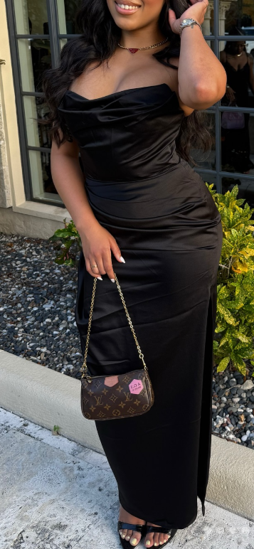 Niulatu Strapless Sheath Long Prom Dresses Satin Black Evening Dresses HZ1026